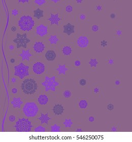 Flat snow doodle icons, snow flakes silhouette for christmas banner, cards. New year snowflake on purple background. Cute abstract seamless snowflakes vector pattern.