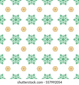 Flat snow doodle icons, snow flakes silhouette in yellow and green colors for christmas banner, cards. New year 2018 snowflake. Cute abstract seamless snowflakes vector design on white background.