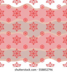Flat snow doodle icons, snow flakes silhouette in orange, beige and pink colors for christmas banner, cards. Cute abstract seamless snowflakes vector design. New year snowflake.