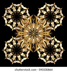 Flat snow doodle icons, snow flakes silhouette for christmas banner, cards. New year 2019 golden snowflake on black background. Cute abstract snowflakes vector pattern.