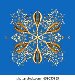 Flat snow doodle icons, snow flakes silhouette for christmas banner, cards. New year 2019 golden snowflake on blue background. Cute abstract snowflakes vector pattern.