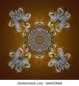Flat snow doodle icons, snow flakes silhouette for christmas banner, cards. New year 2019 golden snowflake on brown background. Cute abstract snowflakes vector pattern.