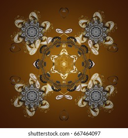 Flat snow doodle icons, snow flakes silhouette for christmas banner, cards. New year snowflake on brown background. Cute abstract seamless snowflakes vector pattern.