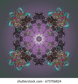 Flat snow doodle icons, snow flakes silhouette for christmas banner, cards. New year snowflake on colorful background. Cute abstract ornamental snowflakes vector pattern.