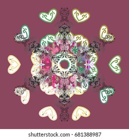 Flat snow doodle icons, snow flakes silhouette in colors for christmas banner, cards. New year snowflake. Cute abstract snowflakes vector design on colorful background.