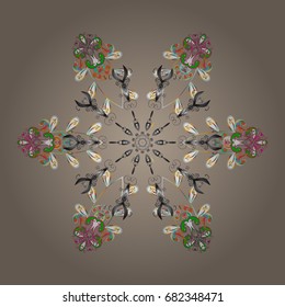 Flat snow doodle icons, snow flakes silhouette in colors for christmas banner, cards. New year snowflake. Cute abstract snowflake vector design on colorful background.