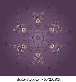 Flat snow doodle icons, snow flakes silhouette in colors for christmas banner, cards. New year snowflake. Cute abstract snowflake vector design on colorful background.