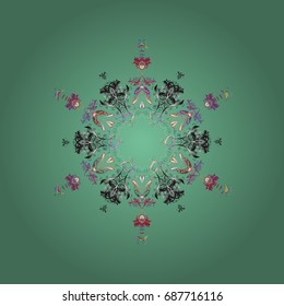 Flat snow doodle icons, snow flakes silhouette in colors for christmas banner, cards. New year snowflake. Cute abstract snowflakes vector design on colorful background.