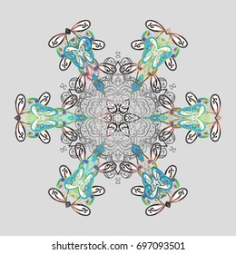 Flat snow doodle icons, snow flakes silhouette in colors for christmas banner, cards. New year snowflake. Cute abstract snowflakes vector design on colorful background.