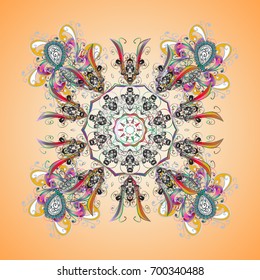 Flat snow doodle icons, snow flakes silhouette in colors for christmas banner, cards. New year snowflake. Cute abstract snowflake vector design on colored background.