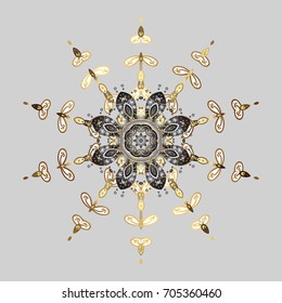 Flat snow doodle icons, snow flakes silhouette in colors for christmas banner, cards. New year snowflake. Cute abstract snowflake vector design on gray background.