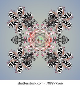 Flat snow doodle icons, snow flakes silhouette in colors for christmas banner, cards. New year snowflake. Cute abstract snowflake vector design on colored background.
