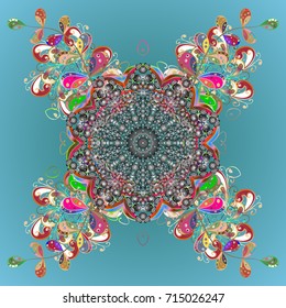 Flat snow doodle icons, snow flakes silhouette in colors for christmas banner, cards. New year snowflake. Cute abstract snowflakes vector design on colorful background.
