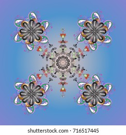 Flat snow doodle icons, snow flakes silhouette in colors for christmas banner, cards. New year snowflake. Cute abstract snowflake vector design on background.