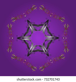 Flat snow doodle icons, snow flakes silhouette in violet, gray and brown colors for christmas banner, cards. New year snowflake. Cute abstract snowflake vector design on violet, gray and brown colors.