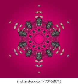 Flat snow doodle icons, snow flakes silhouette in magenta, gray and white colors for christmas banner, cards. New year snowflake. Cute abstract snowflakes vector design on magenta, gray, white colors.