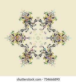 Flat snow doodle icons, snow flakes silhouette in beige, gray and yellow colors for christmas banner, cards. New year snowflake. Cute abstract snowflake vector design on beige, gray and yellow colors.