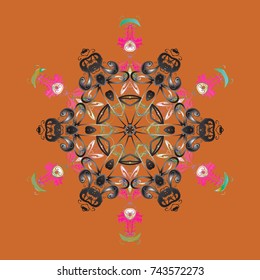 Flat snow doodle icons, snow flakes silhouette in orange, gray and pink colors for Christmas or new year banner, cards. Cute abstract snowflake vector design.