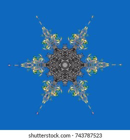 Flat snow doodle icons, snow flakes silhouette in colors for christmas banner, cards. New year snowflake with copy space. Cute abstract snowflake vector design on blue, gray and green colors.