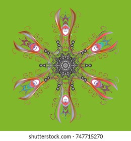 Flat snow doodle icons, snow flakes silhouette in green, gray and brown colors for christmas banner, cards. Cute abstract snowflake vector design.