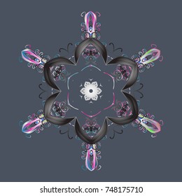 Flat snow doodle icons, snow flakes silhouette in blue, gray and neutral colors for christmas banner, cards. New year snowflake. Cute abstract snowflake vector design.