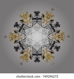 Flat snow doodle icons, snow flakes silhouette for christmas banner, cards. New year snowflake. Cute abstract snowflakes vector design on gray, brown and beige colors.