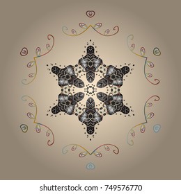 Flat snow doodle icons, snow flakes silhouette for christmas banner, cards. New year snowflake. Cute abstract snowflake vector design on beige, gray and white colors.