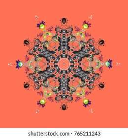 Flat snow doodle icons, snow flakes silhouette for christmas banner, cards. New year snowflake. Cute abstract snowflakes vector design on orange, gray and neutral colors.