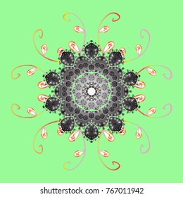 Flat snow doodle icons, snow flakes silhouette for christmas banner, cards. New year snowflake. Cute abstract snowflakes vector design on green, gray and white colors.