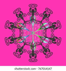 Flat snow doodle icons, snow flakes silhouette for christmas banner, cards. New year snowflake. Cute abstract snowflakes vector design on magenta, gray and neutral colors.