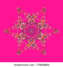 Flat snow doodle icons, snow flakes silhouette for christmas banner, cards. New year snowflake. Cute abstract snowflakes vector design on magenta, pink and gray colors.