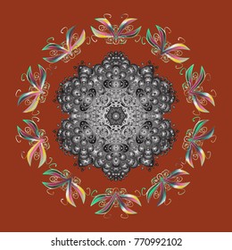 Flat snow doodle icons, snow flakes silhouette for christmas banner, cards. New year snowflake. Cute abstract snowflakes vector design on brown, gray and neutral colors.