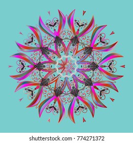 Flat snow doodle icons, snow flakes silhouette in blue, gray and magenta colors for christmas banner, cards. New year snowflake. Nice abstract snowflakes vector design.