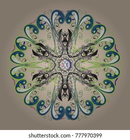 Flat snow doodle icons, snow flakes silhouette in neutral, green and gray colors for christmas banner, cards. New year snowflake. Nice abstract snowflakes vector design.