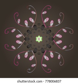 Flat snow doodle icons, snow flakes silhouette for christmas banner, cards. New year snowflake. Cute abstract snowflake vector design on brown, pink and gray colors.