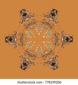 Flat snow doodle icons, snow flakes silhouette for christmas banner, cards. New year snowflake. Cute abstract snowflakes vector design on orange, gray and brown colors.