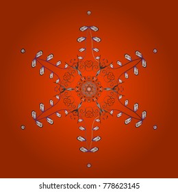 Flat snow doodle icons, snow flakes silhouette for christmas banner, cards. New year snowflake. Cute abstract snowflakes vector design on orange, gray and white colors.