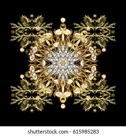 Flat snow doodle icons, golden silhouette in black colors for christmas banner, cards. New year snowflake. Cute abstract doodles vector design on black background.