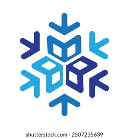 A flat snow flake logo in blue on a white background