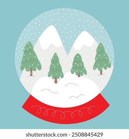 Globo de neve plana com montanhas de inverno paisagem e árvores de Natal vetor ilustração