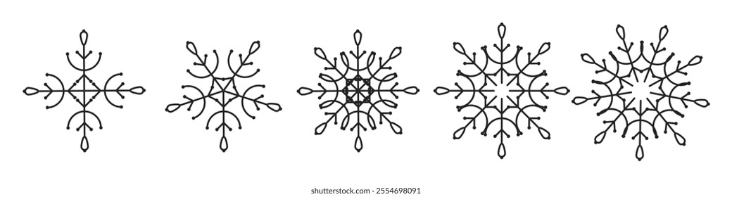 Flat Snow Icons Set. Winter Snow flake Icons. Black and White Snow Ice Crystals. Snow Line Art Symbols