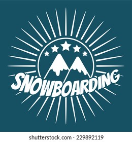 Flat snowboarding with mountains. Vector illustration.
