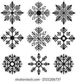 Flat Snowflake Silhouettes for Holiday, Unique Snowflakes Set on White, Flat Snowflake Icon Set, Christmas banner, cards. New year 