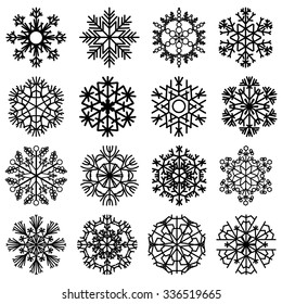 Flat snowflakes. Icons isolated on a white background. Set of 16 black elements of various shape for your design. Vector illustration EPS10.