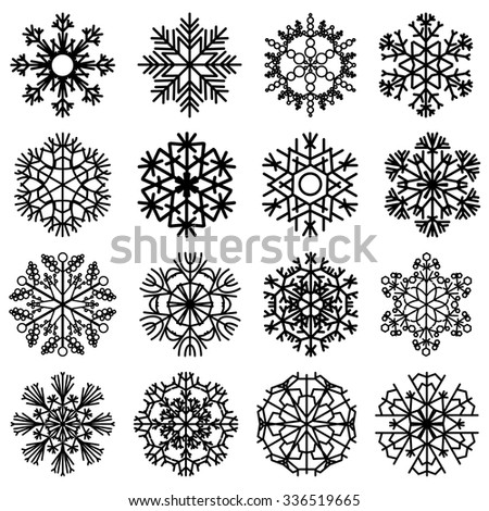 Flat snowflakes. Icons isolated on a white background. Set of 16 black elements of various shape for your design. Vector illustration EPS10.