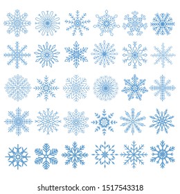 Flat snowflakes. Winter snowflake crystals, christmas snow shapes and frosted cool blue icon, cold xmas season frost snowfall decoration. Vector isolated symbol set