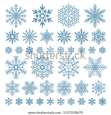 Flat snowflakes. Winter snowflake crystals, christmas snow shapes and frosted cool blue icon, cold xmas season frost snowfall decoration. Vector isolated symbol set