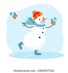 Flat snowman with scarf and mittens skating on snowy background. Vector cartoon hand drawn illustration of winter weekend activity. Winter sports cute fairy character with smile for banner or poster