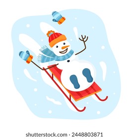 Flat snowman with scarf and mittens sledding down a hill on snowy background. Vector cartoon illustration of winter holiday activity. Winter sports cute fairy character with smile for banner or poster