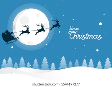 Flat snowy Christmas landscape at night. christmas tree, moon and the silhouette of Santa Claus flying on a sleigh.